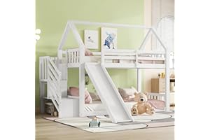 Ctastay Letto a Castello per Bambini 90x200,Letto Singolo in legno con Scala, Scivolo, Doghe in Legno x1 e Contenitore a Scala, Pino, Bianco,senza Materasso