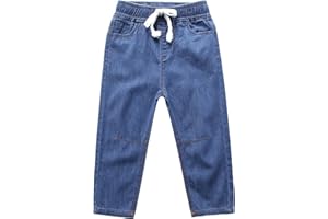Happy Cherry - Boy Denim Pants Kids Boot Cut Jeans Elasti Waist Casual Summer Pants Cotton Stretch Trousers Loose Fit Breathable with Adjustable Drawstring for Child Age 2-12 Years