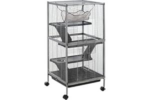 PawHut Cage pour Petits Animaux Portable à 4 Niveaux Cage Chinchilla Cage Furet avec roulettes, 2 Portes, 3 Rampes, Hamac et Plateau Amovible, 52 x 52 x 113,5 cm Gris