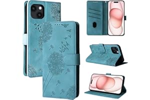 Rostsant Handyhülle für iPhone 15 6.1 Zoll Löwenzahn PU Leder iPhone 15 6.1 Flip Case Brieftasche Tasche Hülle Magnetisch Handyhülle für iPhone 15 6.1 Zoll Blau