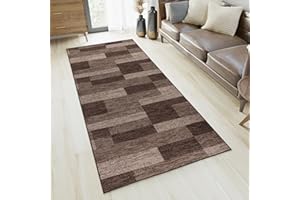 ‎TAPISO TAPISO Anti Rutsch Teppich Läufer rutschfest Brücke Meterware Modern Dunkelbraun Braun Viereck Geometrisch Design Flur Küche Wohnzimmer Diele 120 x 250 cm