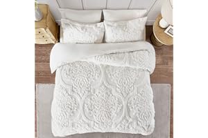 Madison Park Copriletto trapuntato in ciniglia 100% cotone, moderno Luxe per tutte le stagioni, con federe abbinate, king size/cal, 264 x 233,7 cm, bianco damascato