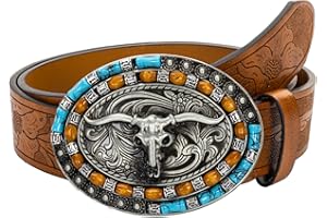 INOGIH Mens-Western-Cowboy-Leather-Belts-with-Longhorn-Bull-Pattern-Buckle - Floral Engraved Waist Belt Buckle Belt for Women