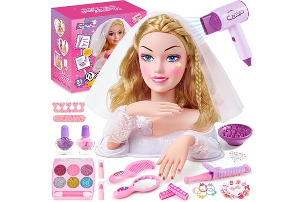 vamei Tete a Coiffer Enfant avec Ensemble Accessoires Coiffure, Poupée de Maquiller avec Sèche-Cheveux Maquillage Autocollants pour Ongles, Salon de Coiffure Jouet Cadeaux pour Fille 3 4 5 6 Ans