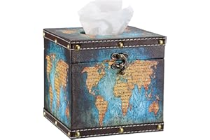 BTSKY Cubo quadrato in legno + PU per casa e ufficio, scatola porta fazzoletti, elegante ed elegante decorazione per la casa (mappa blu)