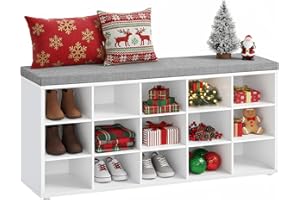 ‎VASAGLE VASAGLE Schuhbank, Schuhregal mit Sitzfläche, Sitzbank mit Stauraum, Kissen, 15 Fächer, für Wohnzimmer, Flur, 30 x 105 x 48 cm, wolkenweiß-Taubengrau LHS15WT