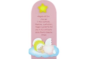 Ferrari & Arrighetti Pala Bassorilievo con Preghiera Angelo di Dio, Quadretto per Bimbe a Forma di Pala in Legno Colorato Rosa, Idea Regalo per Bambine e Ragazze del Catechismo, 28 x 12 Cm