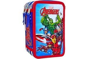 CLONDO Piórnik 3D dla Fanów Avengers – Potrójny / 3 Zamki – Z Wyposażeniem 44 Elementów – Piórnik Szkolny dla Chłopców i Dzieci – Czerwono-Niebieski – Zestaw Przyborów Szkolnych