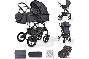 BRONEA EXQUISE 2.0 Kinderwagen 3-in-1 Komplettset Inkl. Auto-Babyschale & Matratze für Babywanne | Buggy, Zusammenklappbar, Wickeltasche, Regenschutz, Mücken- & Sonnenschutz (Schwarz-Grau)