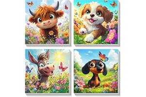 Bowetile 4Pcs Dipingere con i Numeri per Bambini Animali con Cornice, Kit Lavoretti Creativi per Bambini 4-8-12+ Anni, Pittura Acrilica Numerata Per Decorazione Della Casa, 20X20 cm