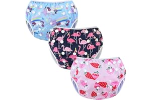 Codkkre Pañales para Nadar para Bebés Bañador Pañal Reutilizable Bañador para Piscinas 3PCS Ajustable y Lavable niño niña talla 0-36 meses(Flamingo+Unicornio+Fresa)