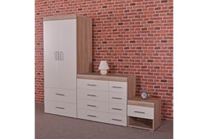 DRP Trading White & Sonoma Oak 3 Piece Bedroom Furniture Set, 1 Wardrobe, 4+4 Drawer Chest, 1 Drawer Bedside Table, Complete Bedroom Ensemble, Ideal for Bedroom Organisation