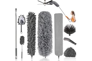 CAVWVTYU 9 Pièces Plumeau Telescopique, Tete de Loup Longueur Maximale 245cm, Poussiere Plumeau Lavable Microfibre pour canapé-lit Sol Moquette Espace ménager poussière