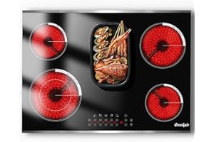 Cooksir Glaskeramikkochfeld 5 Platten, 77cm Einbau Kochfeld mit Rahmen, 8400Watt, Ovale Zone für Grill, Glaskeramik Kochplatte, Zeitschaltuhr, Eingebaut, 240V, Kein Stecker