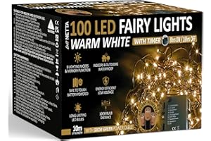 NETTA Battery Operated 100 LED 10M Christmas Tree Fairy Lights with Timer - 8 Different Mode String Lights for Outdoor & Indoor Use - Warm White