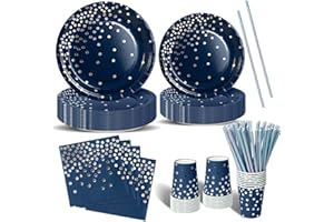 Nkaiso Stoviglie Per Feste 120 Pezzi Blu Navy e Argento Festa della Addobbi Ragazza di Compleanno dei Dambini Festa Posate set Include Piatto Usa e Getta di Carta Party Tovaglioli Posate -24 Ospiti
