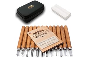 HOLZWURM Zestaw narzędzi do rzeźbienia w drewnie – 17-częściowy, w zestawie samouczek wideo [46 minut] i e-book dla początkujących, torba i kamień szlifierski, idealny zestaw noży do rzeźbienia dla