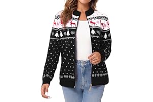 Sykooria Women's Christmas Knit Cardigans Casual Warm Open Front Sweater Reindeer Snowflake Print Zip Coats Jacket for Autumn Winter S-XXL