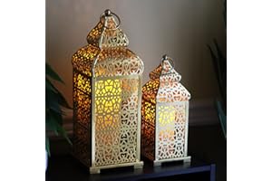 Vela Lanterns Temple Moroccan Style Candle Lanterns, Gold, Set of 2