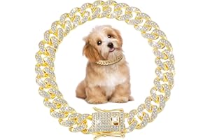 GJINXI Dog Chain Collar Gold Dog Chain Diamond Gold Chain Walking Metal Chain Collar with Design Secure Buckle, 16mm Wide Dog Necklace Metal Cat Chain Pet Collar for Small Medium Large Dogs Cats(11.8inch)