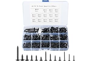 SYBDXJ Tornillos de Cabeza Plana Redonda, 255 Tornillos para Madera con Cabeza de Ranura Cruzada, Tornillos Autotaladrantes, M3 M4 M5 M6 Cabezas Phillips Tornillos Autorroscantes - Negro