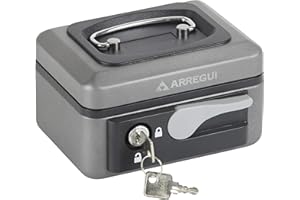 ARREGUI Popup C9716 Caja Caudales con Llave y Pulsador de Apertura para Contar y Transportar Dinero | Caja de Seguridad de acero y bandeja interior | Caja fuerte portatil 15 cm de ancho | Gris grafito