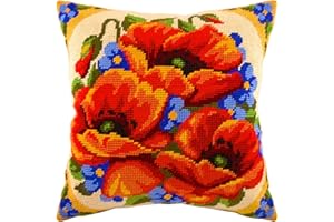 BRVSK Papaveri e nontiscordardimi. Kit punto croce. Federa per cuscino, 40,6 x 40,6 cm. Decorazione per la casa, fai da te, ricamo con ago anteriore, tela stampata, qualità europea. Fiori, floreali.