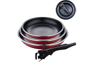 Bergner Red Edition | Juego de Sartenes de 4 Piezas de 18, 20 y 24 cm + Mango Ergonómico Extraíble | Aluminio Prensado y Antiadherente | Para Todo Tipo de Cocinas y Horno