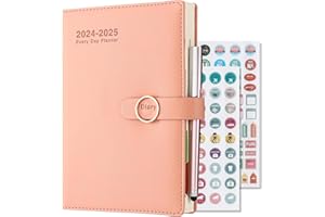 MLJTOYO Planer dziennika 2024-2025 dzień na stronę A5, produktywność dziennik 24/25 z planerem godzinowym, długopisem, naklejkami, kolorowymi zakładkami miesięcznymi, dziennikiem od lipca 2024 do czerwca 2025