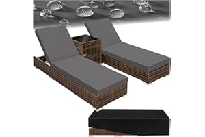 TecTake® Set de 2X Chaise Longue Bain de Soleil avec Dossier réglable + Table de Jardin en Aluminium et Resine Tressee + 2 Set de Housses + Housse de Protection Piscine Balcon Jardin - Noir/Marron