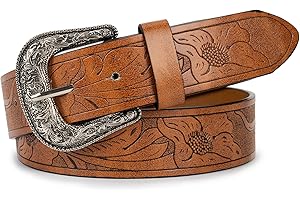 KorhLeoh Western-Belts-for-Women - Cowboy Cowgirl-Lether-Waist-Belts with Vintage Western-Carved-Buckle for Jeans Pants Dresses