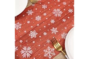 GEBETTER Camino de Mesa Navidad 28 cm x 9 m Copos de Nieve Estrellas Blanco Organza Decoración Mesa Adorno Árbol Navideño Silla Puerta Manualidad Regalo Fiesta (Rojo Copos de Nieve Blanco Purpurinas)