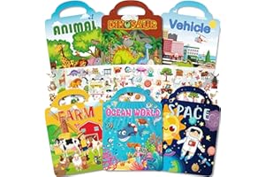 Aannanl Gommettes Enfants 2 3 Ans, 6 Livres d'autocollants Réutilisables Pour Enfants, Livres d'activités Pour Garçons et Filles - Ferme + Animaux + Dinosaures + Monde marin + Espace + Véhicules