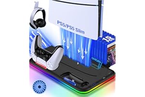 FANXIEAST Enhance RGB LED PS5 Stand and Cooling Station with Dual Controller Charging, 3-Level Adjustable PS5 Cooler, Headset Holder and Storage Slots