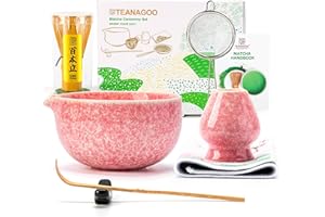 ‎TEANAGOO TEANAGOO Zestaw trzepaczek Matcha, zestaw 7 szt., różowy, zestaw do ceremonii matcha, zestaw do herbaty matcha do robienia latte, ceramiczna miska (chawan) z wylewką i trzepaczką, prezent dla