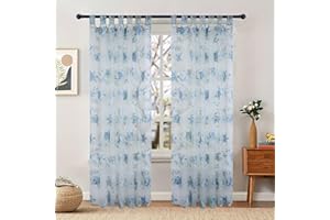‎BUHUA BUHUA Halbtransparente Voile Vorhänge mit Blumen Muster - Schlaufen und Kräuselband Gardinenschals für Wohnzimmer - 2er Set, 225x140cm (HxB), Blau