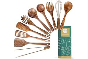 AIUHI Utensilios de cocina de madera para cocinar, antiadherentes, de madera de teca natural, juego de utensilios de cocina, juego de utensilios de cocina de madera con espátula y cucharón (10)