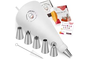 HAPPY LEMURO Poche à douille avec douilles – 5 douilles extra larges avec poche à douille en coton – Poche à douille pour décoration de gâteaux, cupcakes, pâtisseries | Seringue à gâteau | Ustensiles de pâtisserie