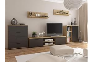 ‎MATKAM MATKAM Wohnwand Chopin 2, 5-teilig, laminierte 18mm, Schubladenschrank H75xB60xT23cm, Fernsehschrank H35xB140xT40cm, Kommode mit Tür H80xB70xT30cm, 2xHängeregale H20xB100xT20cm (Artisan Eiche-Schwarz)