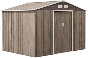 Outsunny Abri de Jardin en métal 5,4 m² cabane de Jardin 277 x 195 x 192 cm cabanon Rangement Outils avec kit de Fondation, Porte coulissante verrouillables et 4 aérations - Marron Clair