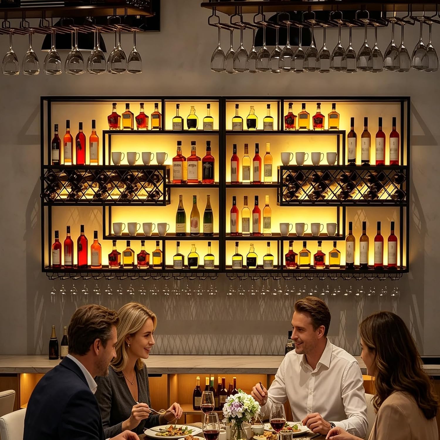 AUSKLEZU Estante de Pared para Vino con Rejilla y Luz LED | Botellero Industrial de Metal | 4Niveles con Soporte para Copas | Decorativo para Bar y Cocina (240CM)