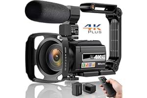 VAHOIALD 4K Videocámara, WiFi 48MP IR Visión Nocturna Cámara Vídeo, 16X Zoom Digital IPS 270 ° Pantalla Táctil Giratoria, Cámara Vlogging con Micrófono, Control remoto, Estabilizador Manual, Parasol