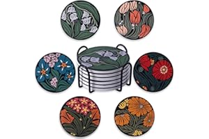 STARUBY Drink Coasters Set of 6 Ceramic Coaster Beautiful Absorbent Coaster Drink Mat with Cork Base Flower 5 Patterns Round Coaster Non Slip for Coffee,Beer,Mug,Wine Glass Bottle,Home and Bar