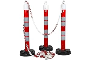 UvV-Flex Kettenpfosten "Tower" 1,2m hoch 110mm breit mit reflektierender Folie + Absperrkette 8mm - 15m - in den Farben rot/weiß Profi - Absperrset (3er-Set)