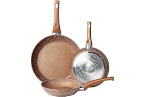 Innerwell Padella Antiaderente 20/24/28 cm, Padella a Induzione, Set di Padelle in Alluminio con Rivestimento Antiaderente in Granito, Senza PFOA (Oro)