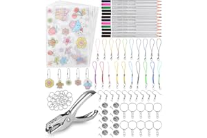 FAOKZE 195 Pcs Kit di Plastica Termoretraibile,(A4) 15 Pezzi Trasparente Shrink Plastic e 6 Fogli Carta Termoretraibile con Motivi,Portachiavi,Perforatrice,Matite Colorate,Cordino