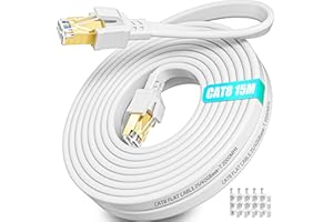 SOIBKE Kabel Ethernet Cat 8, 15m kabel internetowy 15 metry Płaski o wysokiej prędkości 40 Gb/s 2000 MHz, ekranowany RJ45 gigabit kabel LAN biały, Kabel krosowy z 15 klipsami do modemu, routera (15M)