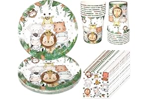 CSYY Lot de 52 Pièces de Vaisselle, Assiette Anniversaire Jungle Safari Enfants Fête Assiettes en Carton Serviette Gobelets pour D'enfant pour 16 Personnes