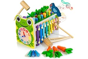 WOODMAM 6-in-1 Montessori Wooden Hammering Pounding Toys for Toddlers 12M+, Early Educational Toys with Whack a Mole Game, Xylophone, Carrot Harvest Game, Birthday Gift for 1 2 3 Years Old Boys Girls