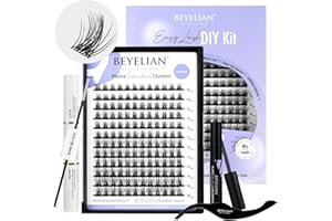 BEYELIAN Pestañas Postizas Cluster Lashes Kit with 144 Pcs D+ Lash Clusters Lash Bond and Seal Lash Remover and Eyelash Applicator for Beginner DIY at Home (Style5 0.07 Mix Black Band)